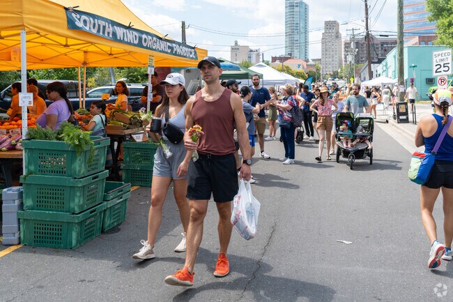 The Durham Farmer's market takes place on the weekends near the American Tobacco neighborhood.