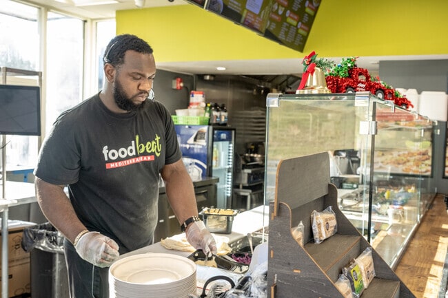 Food Beat Mediterranean Grill has a wide variety of meats, toppings, hummus, and sauces.