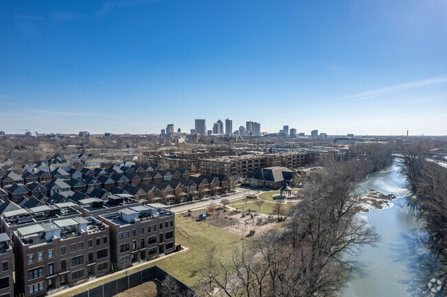 Harrison Park offers a quiet view of the Downtown Columbus skyline and surrounding architecture.