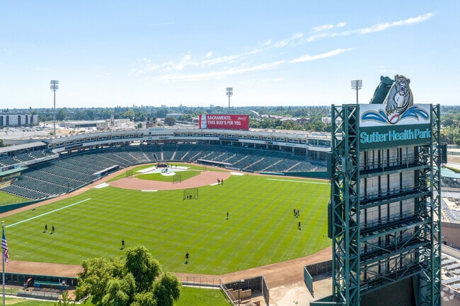 Baseball players are training at Sutter Health Park Baseball Stadium in near Southport.
