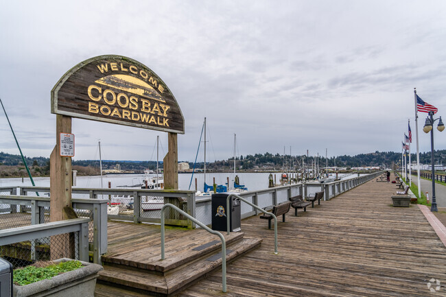 The Coos Bay Boardwalk runs along the bay and hosts a variety of events for local residents and tourists to enjoy.