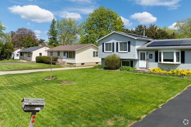 Neatly kept split-level and ranch homes line a sunny residential street in Gages Lake.