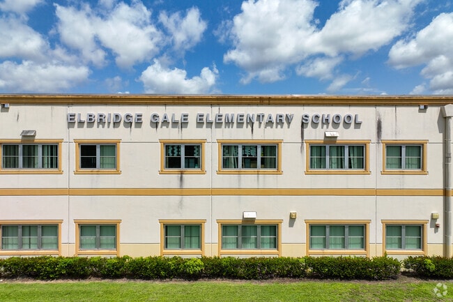 Elbridge Gale Elementary School name at the front building.