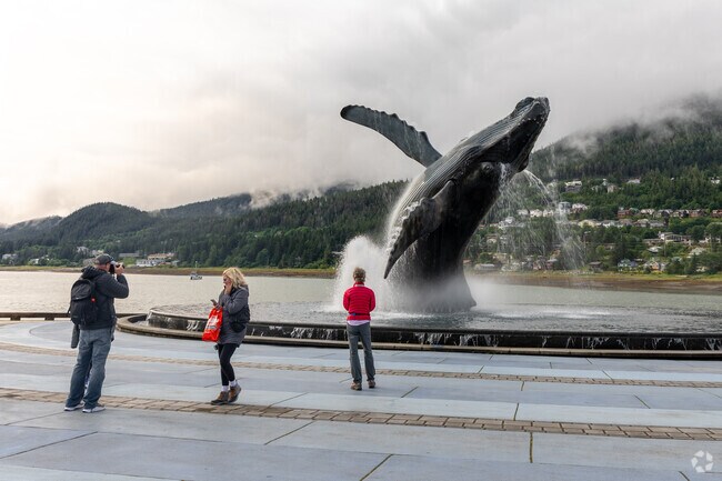 A life-sized whale sculpture emerging from an infinity pool is situated near Douglas.