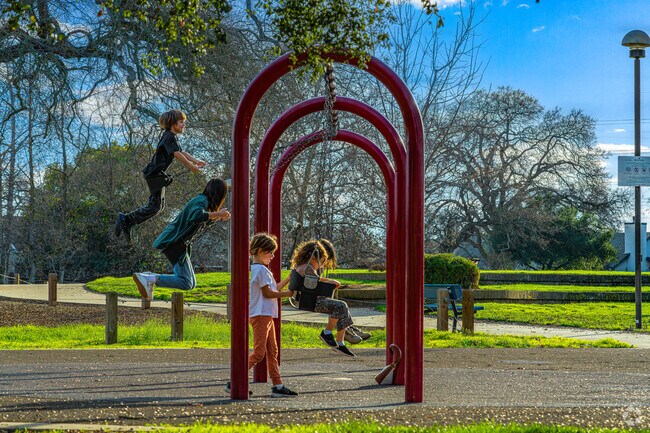 Family competes for height on the swings of Diamond Oaks Park in Diamond Oaks neighborhood.