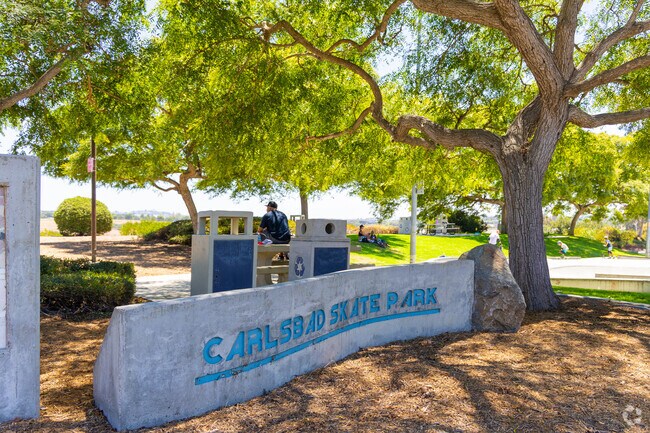 Skate park signage marks a space designed for active lifestyles in Rancho Carrillo.