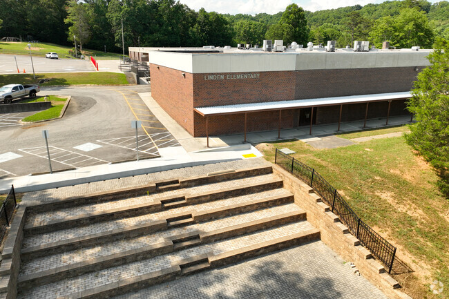 Linden Elementary School has stairs leading to the front entrance.