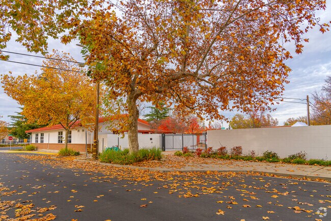 Fall leaves lay on the ground outside of Adelante High (Continuation) School.
