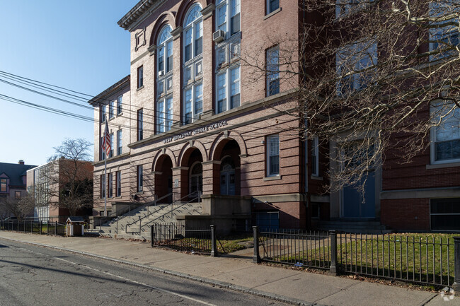 The front right side of West Broadway Middle School in Providence, Rhode Island.