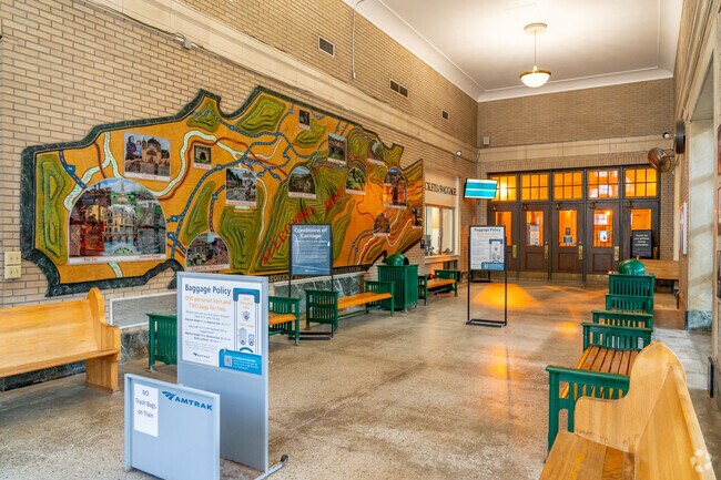 The interior of the Johnstown Train Station is adorned with pictures explaining local history.