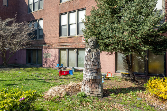 Sculpture on the grounds of Bishop Mcvinney Elementary School in Lower South Providence, RI.