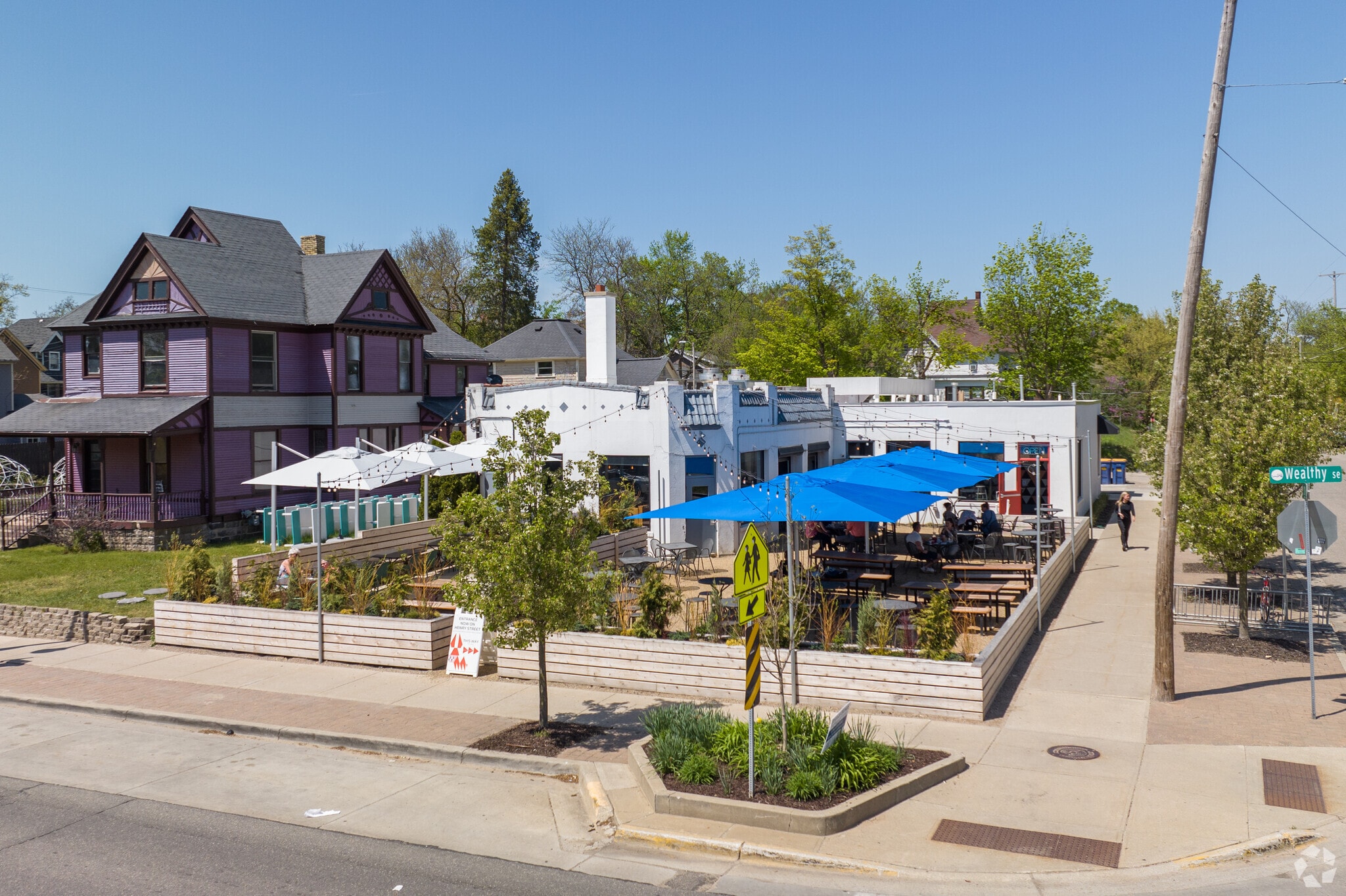 Aerial view of Donkey Taqueria on Wealthy St close to South Hill.