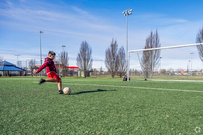 Expansive grass fields at Bartholomew Sports Park are perfect for a soccer match.