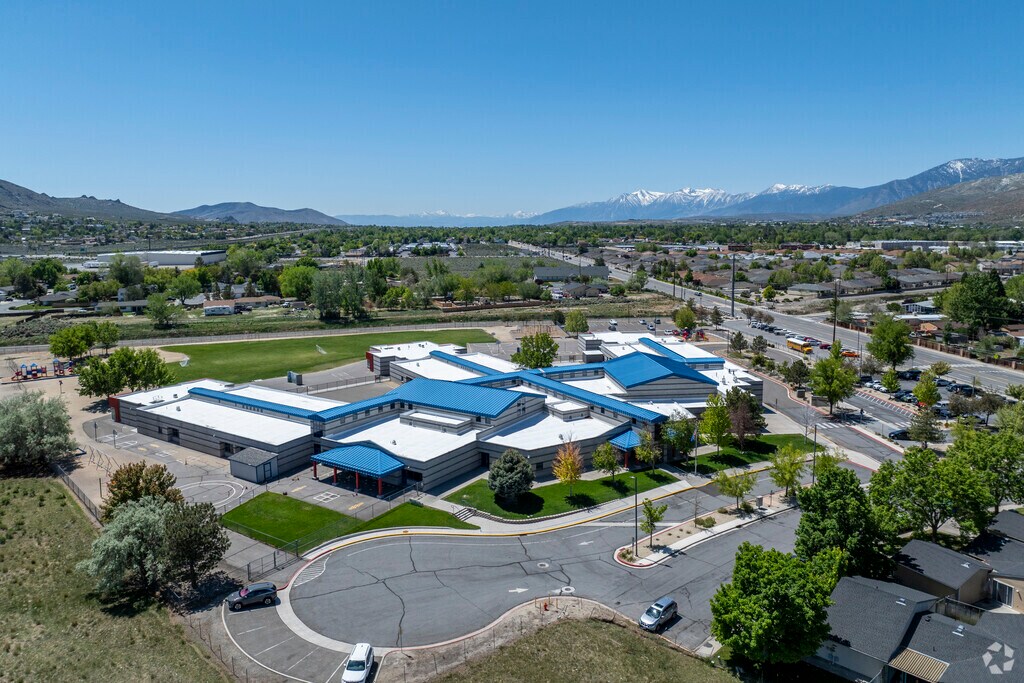 An aerial view of the front of J.C. Fremont Elementary School facing South.