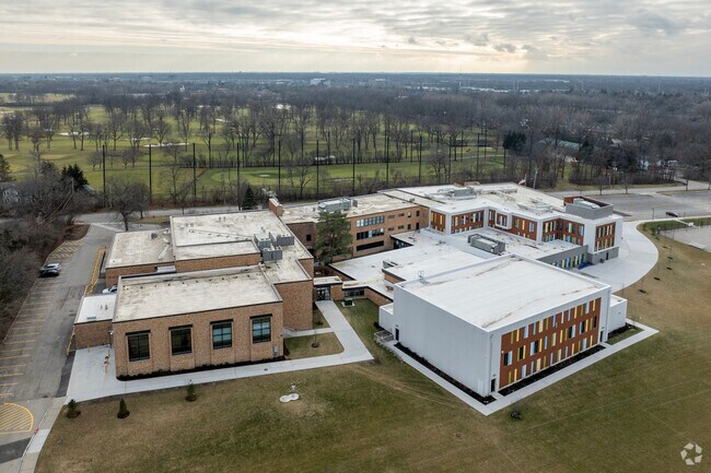 An aerial perspective of Edgewood Middle School.