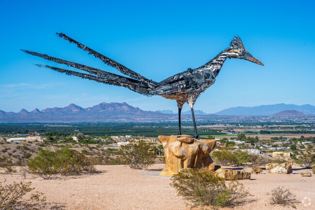 A gigantic roadrunner, New Mexico's state bird, greets visitors entering Las Cruces.