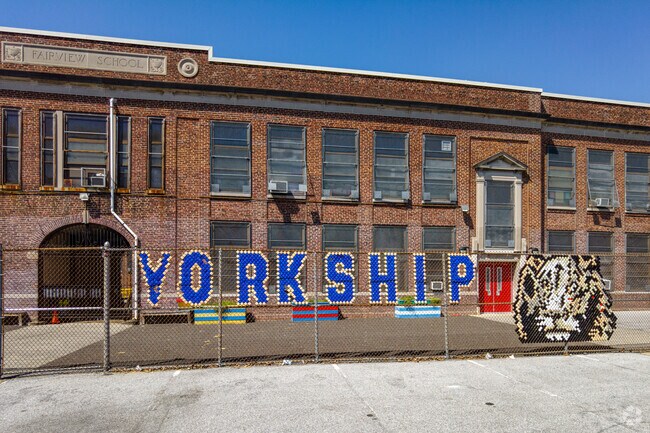 View of the exterior of Yorkship Elementary School in the Fairview NJ neighborhood.