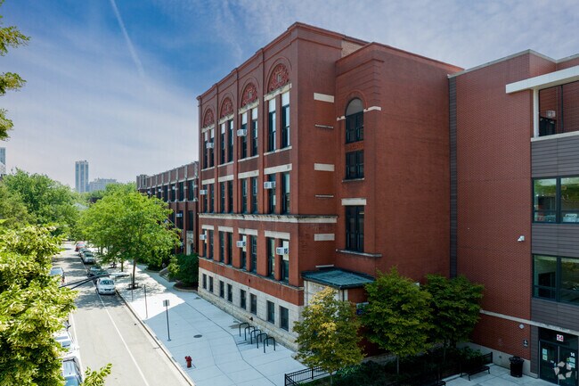Main entrance area, tree lined streets, Lincoln Elementary School, Chicago.