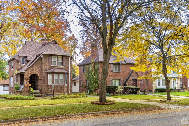 A row of unique Tudor inspired homes in the Grandmont 1 neighborhood of Detroit, MI.