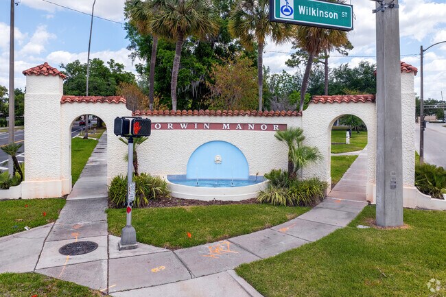 A historic entrance welcomes you upon entering Orwin Manor.