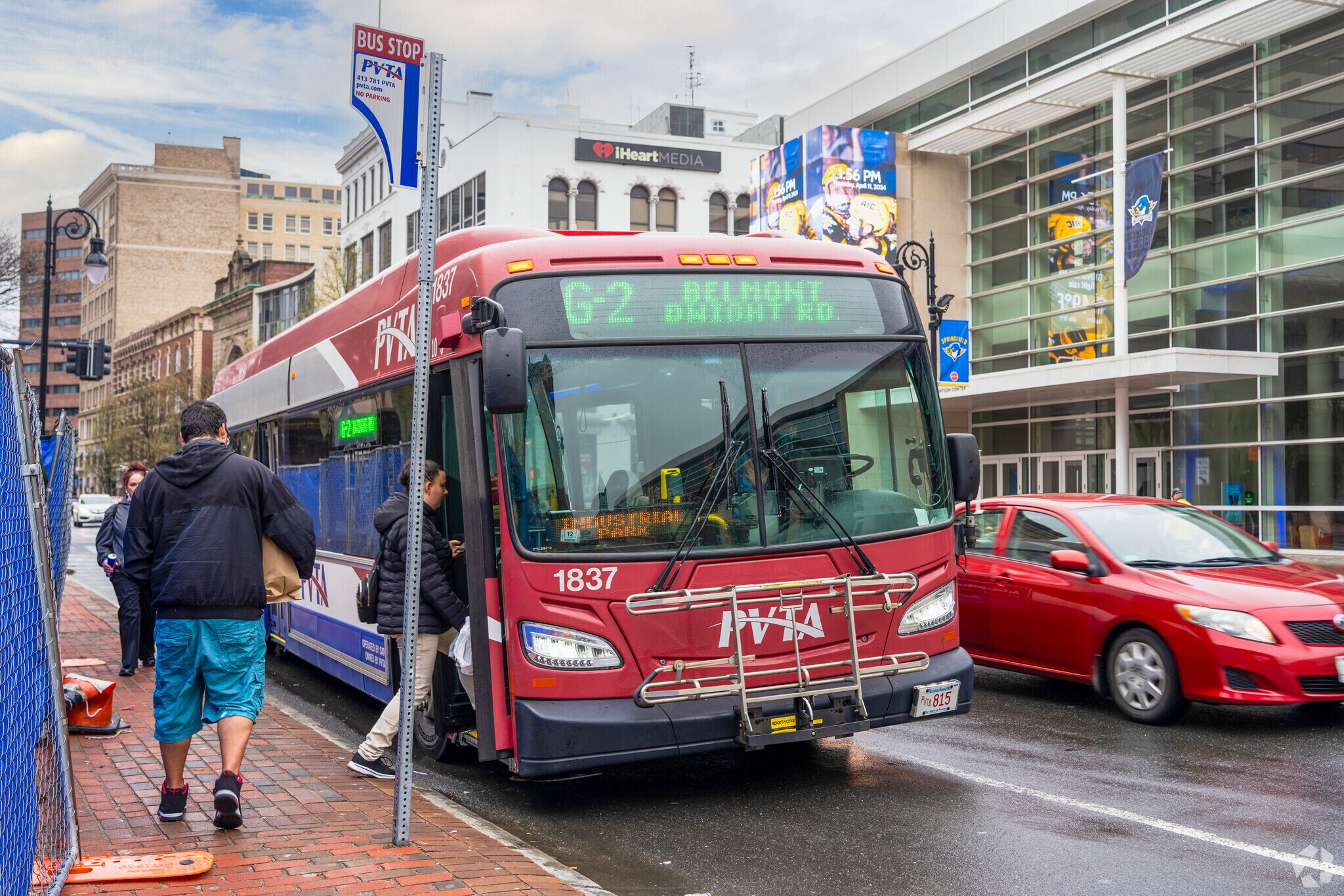 People board a PVTA bus in Downtown Springfield.