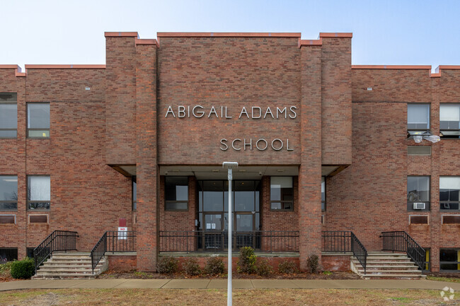 An impressive entrance greets you as you enter Abigail Adams Middle School in Weymouth.