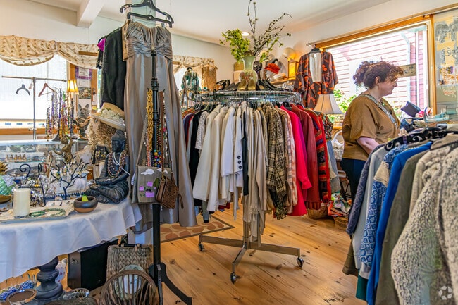 Unique boutique retail stores are spread throughout the main street in Woodstock, NY.