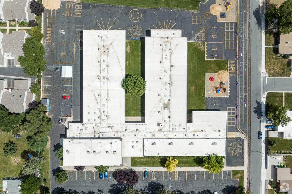 A bird’s eye view of Liberty Elementary School shows a symmetrical school building.
