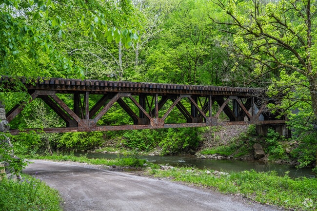 A trestle spans a small creek in the quiet rural town of Avella.