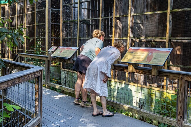 Visitors read educational displays at the Blue Ridge Wildlife Center, a sanctuary in Boyce dedicated to local animal conservation.