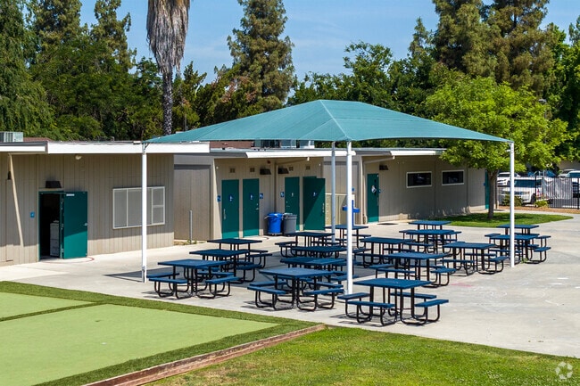 There is seating for recess at Hallmark Academy in Sanger.