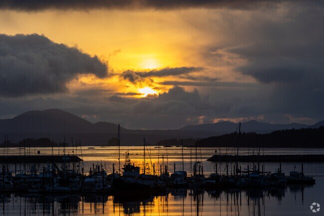 Golden sunset lights up fishing boats along the Sitka harbor with mountain views beyond.