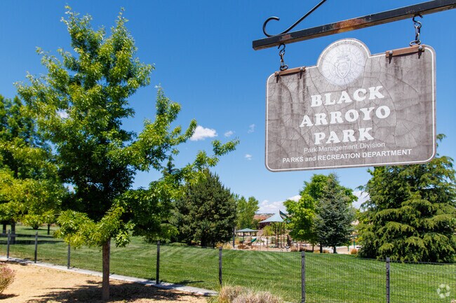 Black Arroyo Park’s entrance welcomes Stonebridge Pointe residents to shaded green space.