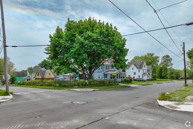 Street view of colorful houses in Hazelton.