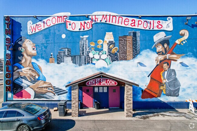 Mural welcoming residents and guests to the Hawthorne neighborhood of Minneapolis.