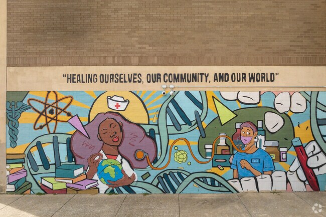 A mural at  Vivien T. Thomas Medical Arts Academy, near Franklintown Road.