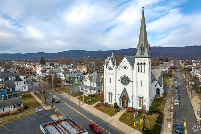 An elevated view of West Pittston, PA, and the First United Methodist Church.
