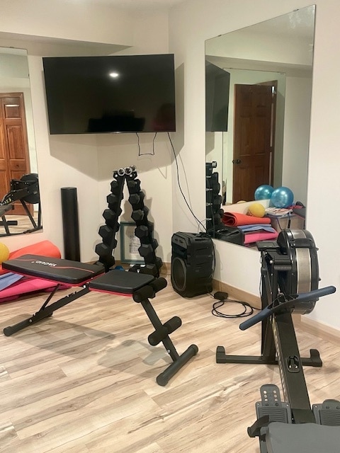 In Home Gym with treadmill, rower, and weights.