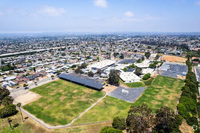 An elevated view of Rogers Elementary shows the layout of the campus with large areas for field sports.