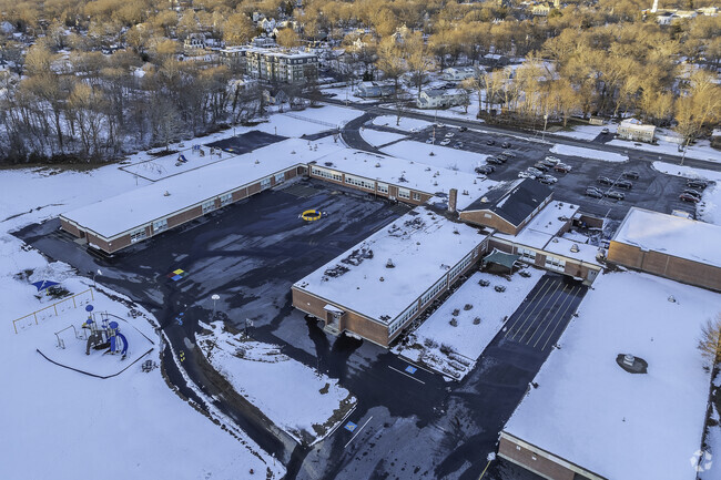 An aerial view of the large Mary K. Goode Elementary School campus in Middleboro, MA.