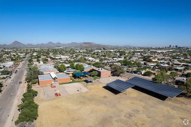 An aerial view of the soccer field at Holladay Magnet School.