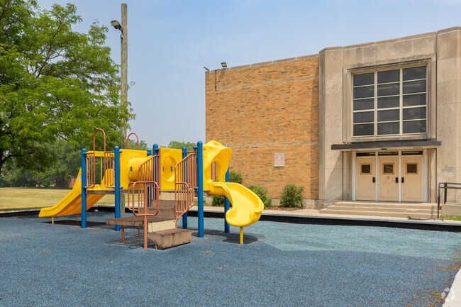 Turner-Drew Language Academy preschool playground and side entrance, Chicago, IL.