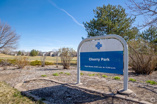 The welcome sign at Cherry Park in Thornton, Colorado.