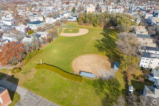 The International School of Boston sits in front of two large fields in West Somerville.