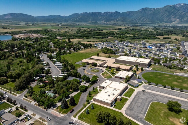 Hyrum’s South Cache Middle School is surrounded by mountains.