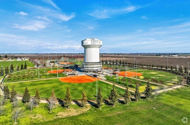 Mistlin Sports Park in The City of Ripon has a water tower among four baseball fields.