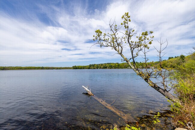A scenic view of the Chadwick Pond in Haverhill, MA which provides fishing access for residents in the Bradford Greens neighborhood.