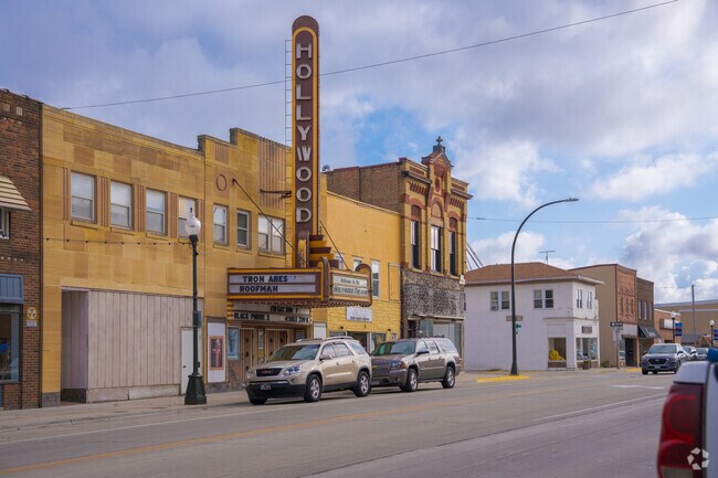 A vintage marquee lights nighttime strolls on Sibley Avenue in Litchfield.