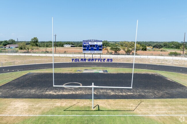 The scoreboard at Tolar High School’s field stands ready to light up with Rattler victories.