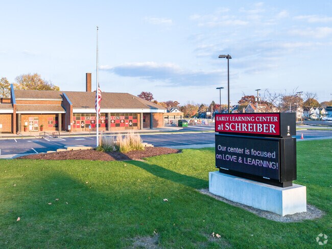 Barbara F Schreiber Elementary is set back from the main road for great visibility.